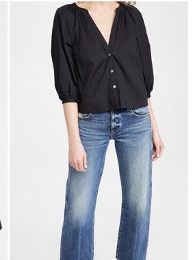 STAUD Dill Poplin V Neck Black Top Blouse Size Small 3/4 Balloon Sleeve